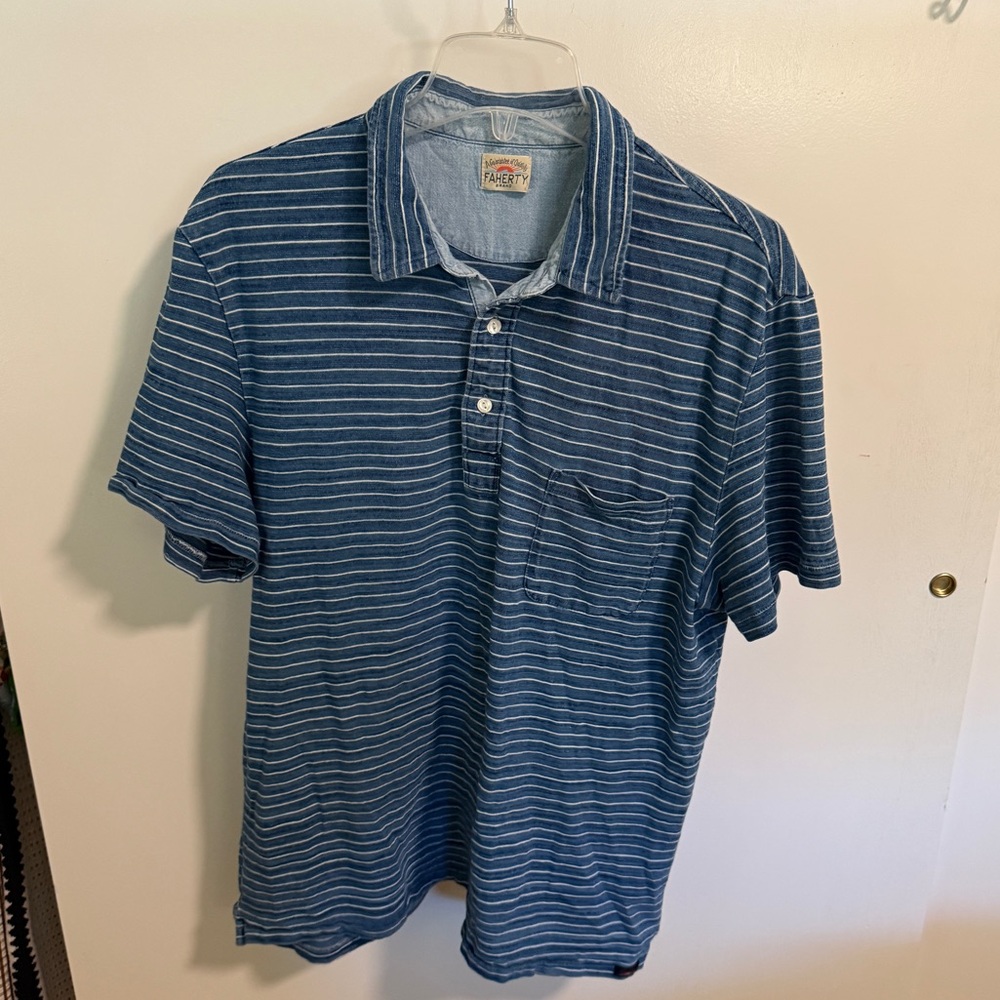 Faherty Navy and White Striped Polo Shirt